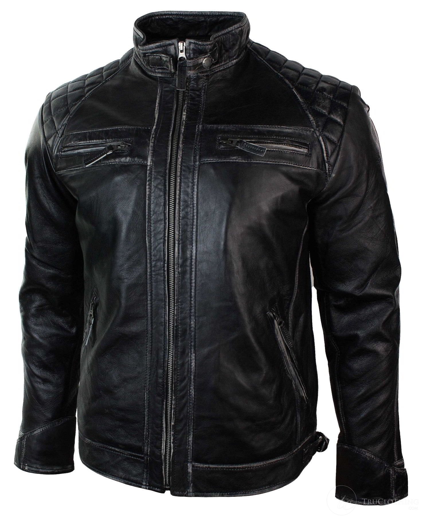 Real Leather Retro Style Zipped Mens Biker Jacket Soft Black Vintage ...