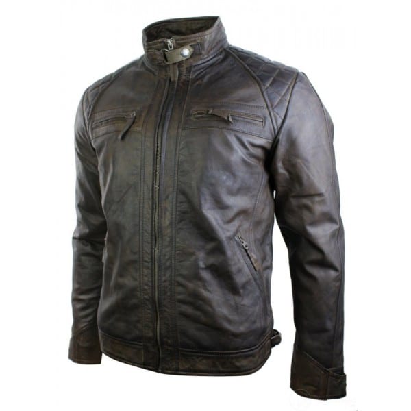 Real Leather Retro Style Zipped Mens Biker Jacket Soft Brown Vintage Look