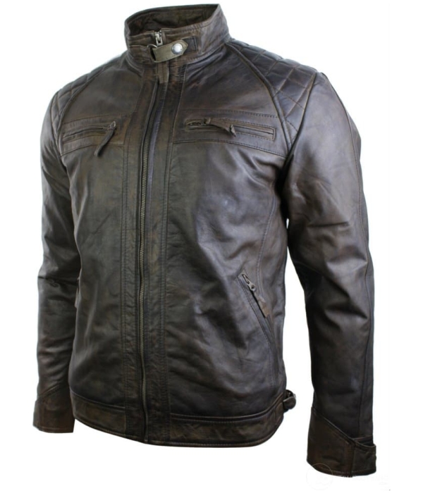 Real Leather Retro Style Zipped Mens Biker Jacket Soft Brown Vintage Look