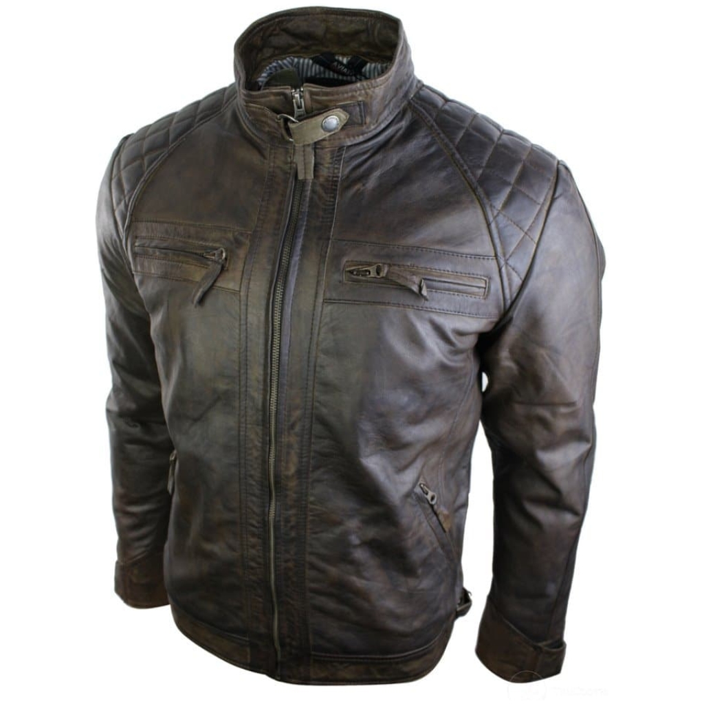 Real Leather Retro Style Zipped Mens Biker Jacket Soft Brown Vintage ...