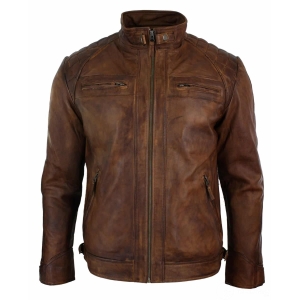 Real Leather Retro Style Zipped Mens Biker Jacket Soft Timber Vintage Look