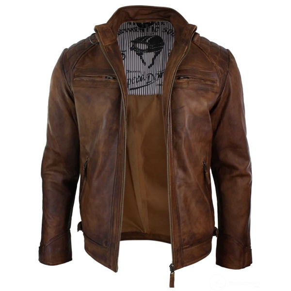 Real Leather Retro Style Zipped Mens Biker Jacket Soft Timber Vintage Look