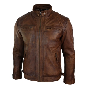 Real Leather Retro Style Zipped Mens Biker Jacket Soft Timber Vintage ...