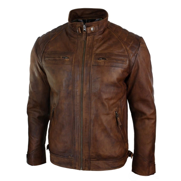 Real Leather Retro Style Zipped Mens Biker Jacket Soft Timber Vintage ...