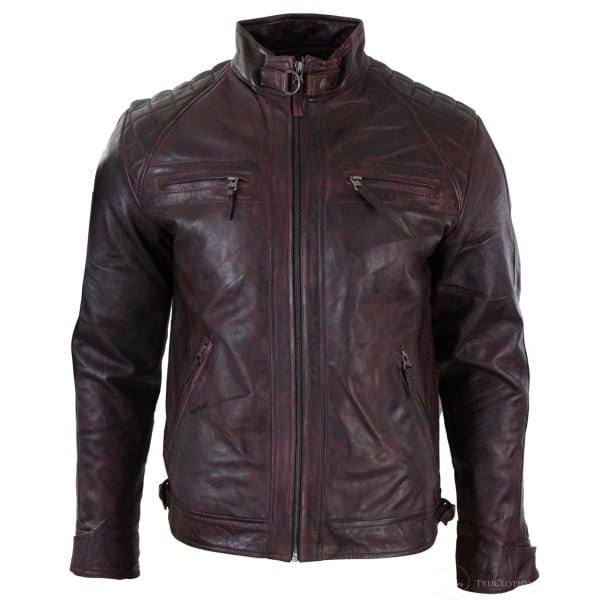 Real Leather Retro Style Zipped Mens Biker Jacket Soft Wine Vintage Look