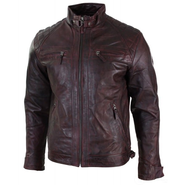 Real Leather Retro Style Zipped Mens Biker Jacket Soft Wine Vintage Look