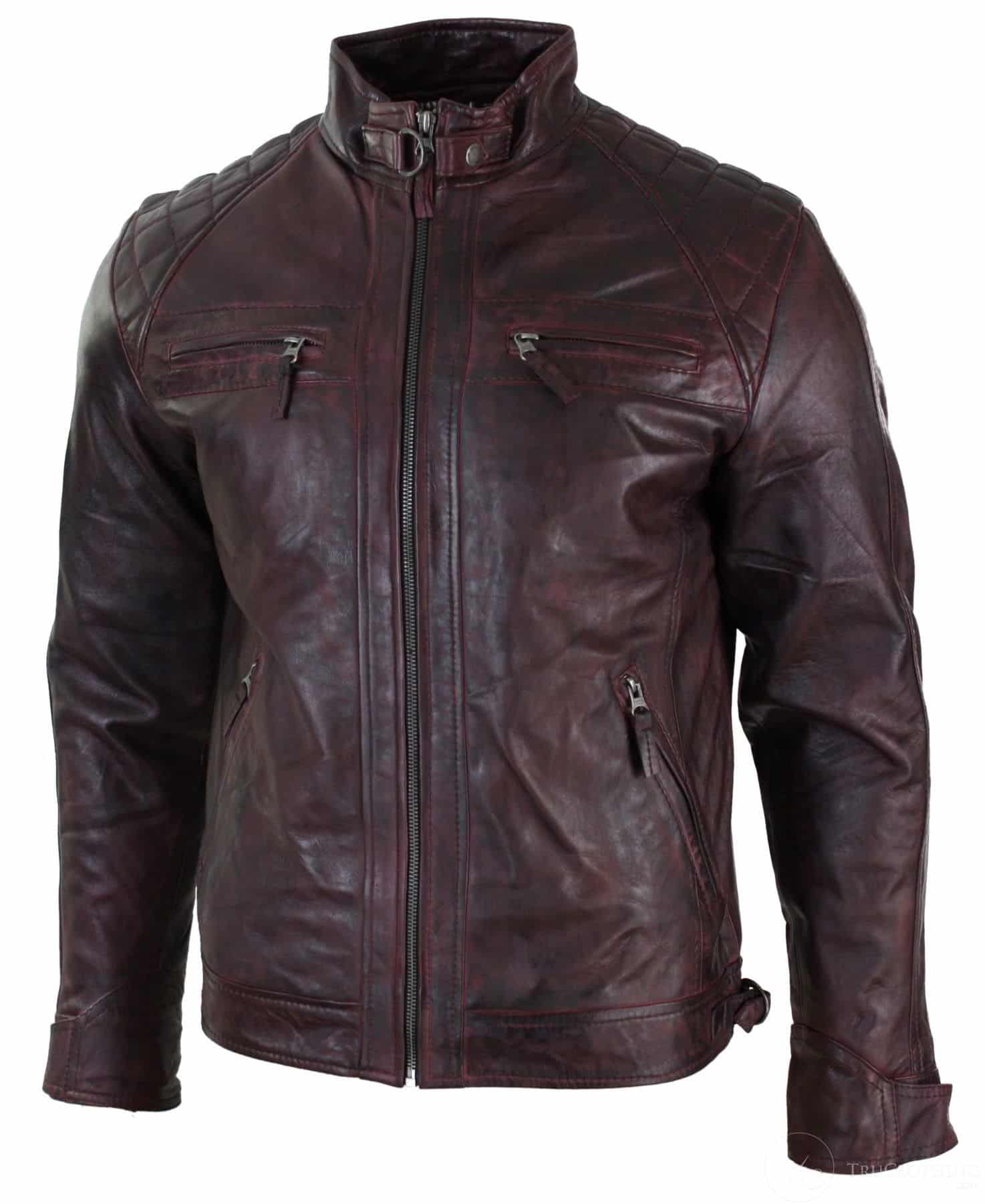 Real Leather Retro Style Zipped Mens Biker Jacket Soft Wine Vintage ...