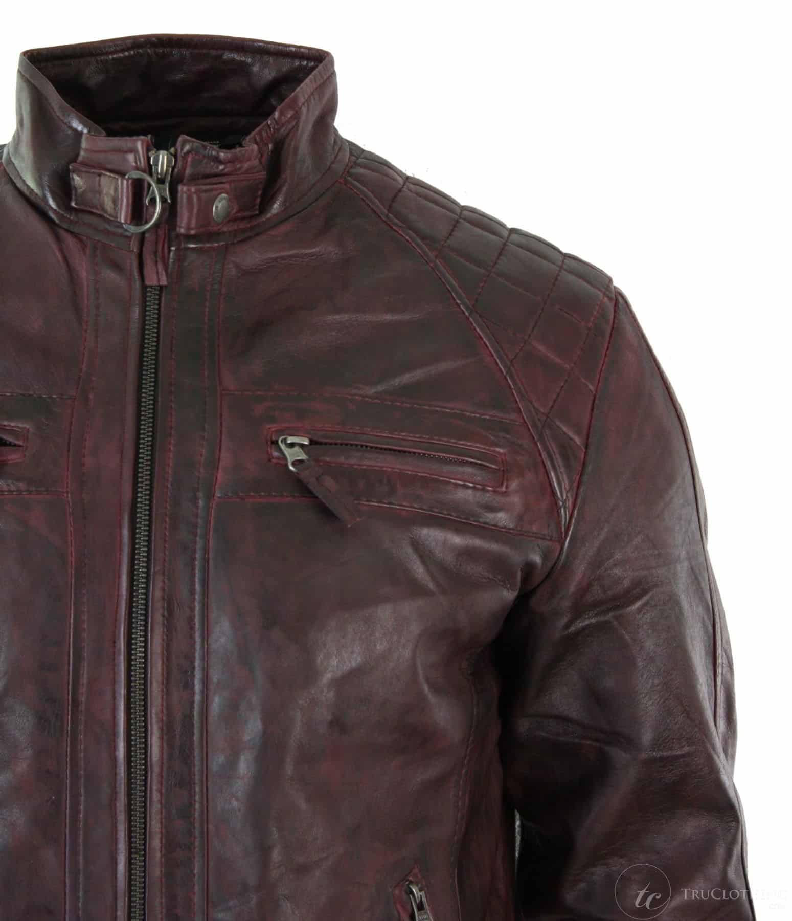Real Leather Retro Style Zipped Mens Biker Jacket Soft Wine Vintage ...
