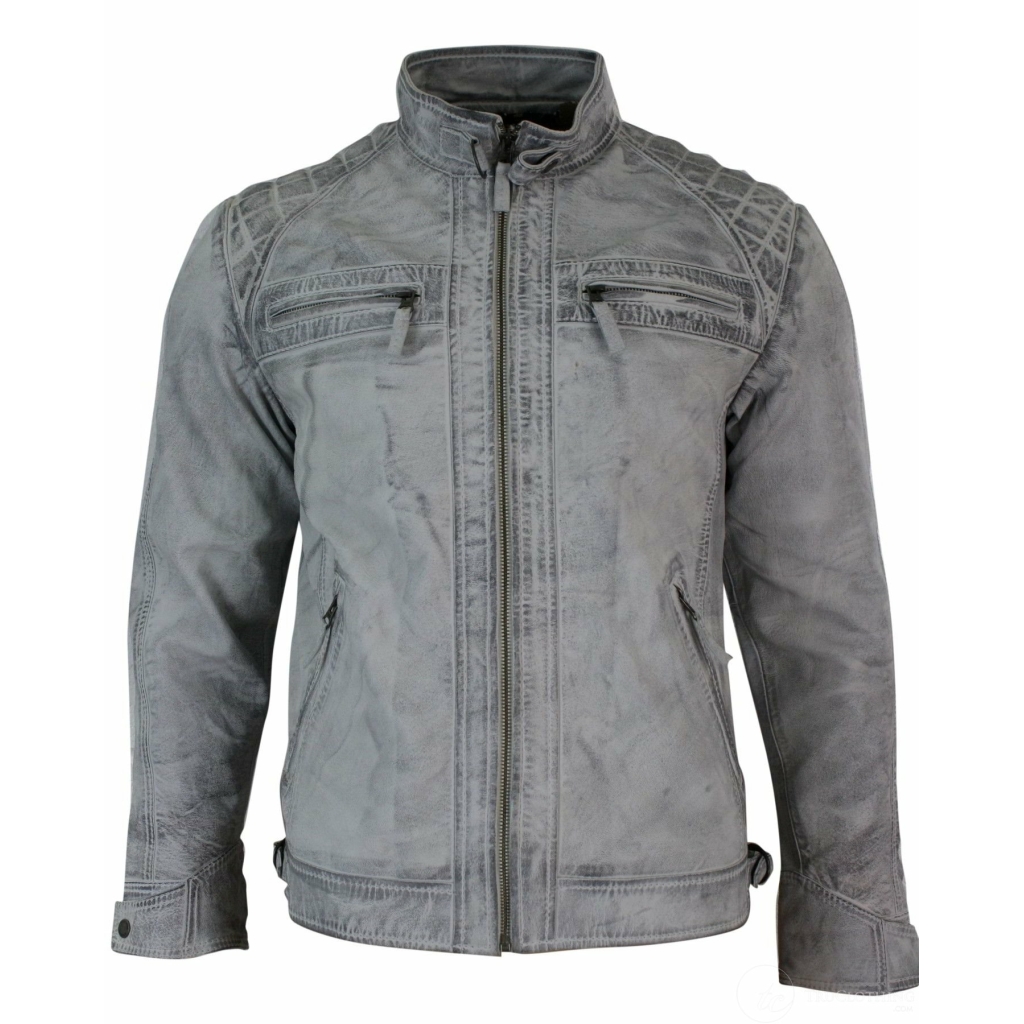 Real Leather Retro Style Zipped Biker Mens Jacket Soft White Vintage ...