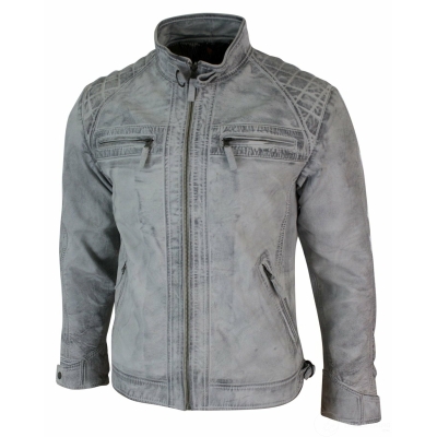 Real Leather Retro Style Zipped Biker Mens Jacket Soft White Vintage ...