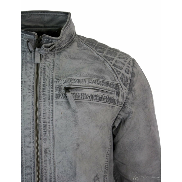 Real Leather Retro Style Zipped Biker Mens Jacket Soft White Vintage Look