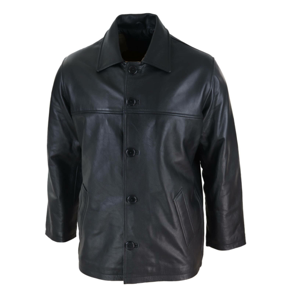 Men Mid Black Length Classic Leather Coat