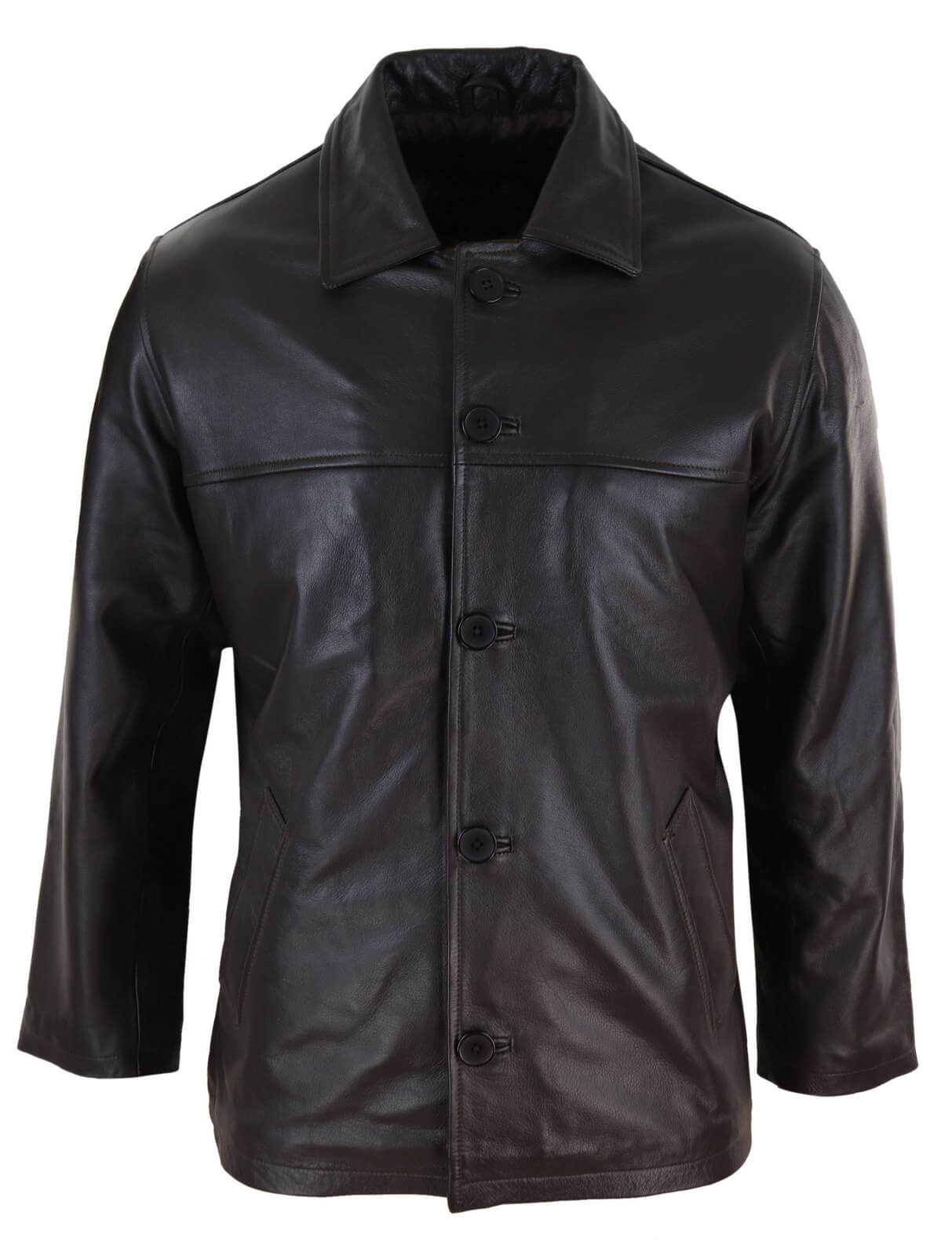 Men Mid Brown Length Classic Leather Coat