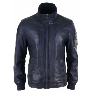 Real Leather Autumn Jacket with High Neck for Mens – Navy Color