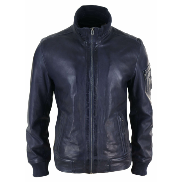 Real Leather Autumn Jacket with High Neck for Mens - Navy Color