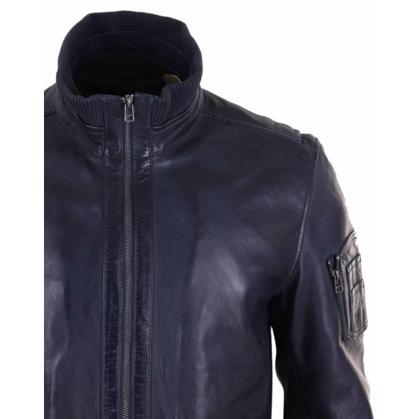 Real Leather Autumn Jacket with High Neck for Mens - Navy Color