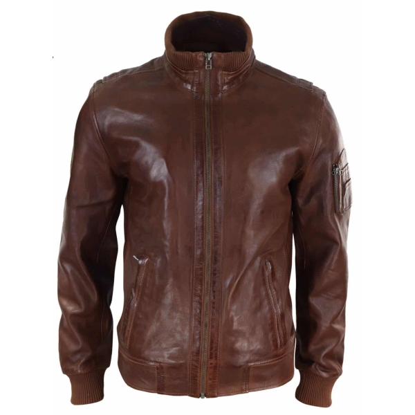 Real Leather Autumn Jacket with High Neck for Men - Timber Colour