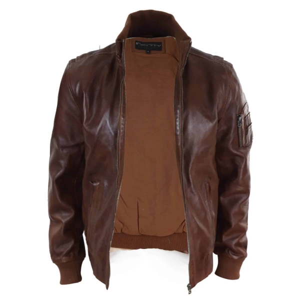 Real Leather Autumn Jacket with High Neck for Men - Timber Colour