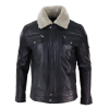 Mens Black brown Real Leather Jacket Sheepskin Collar Short Zip Button - Black
