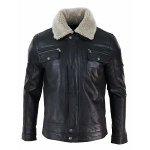 Mens Black brown Real Leather Jacket Sheepskin Collar Short Zip Button – Black