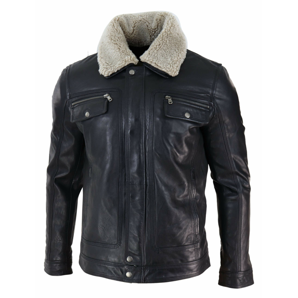 Mens Black brown Real Leather Jacket Sheepskin Collar Short Zip Button ...