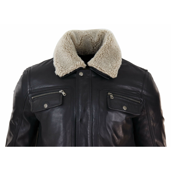 Mens Black brown Real Leather Jacket Sheepskin Collar Short Zip Button - Black