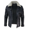 Mens Black brown Real Leather Jacket Sheepskin Collar Short Zip Button - Black
