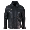 Mens Black brown Real Leather Jacket Sheepskin Collar Short Zip Button - Black