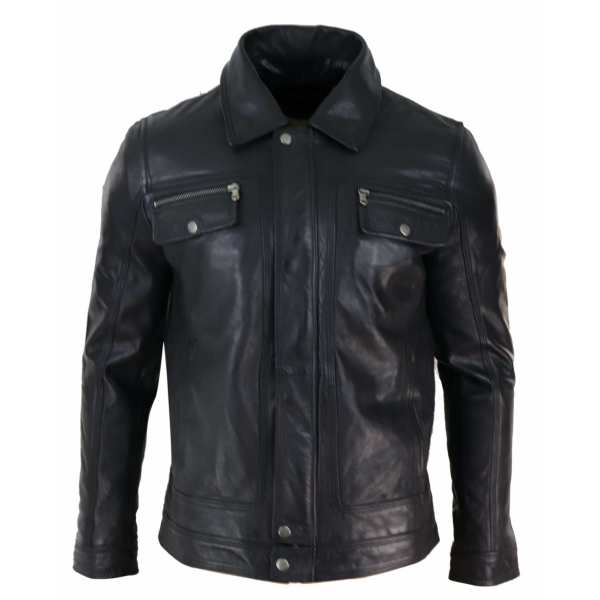 Mens Black brown Real Leather Jacket Sheepskin Collar Short Zip Button - Black