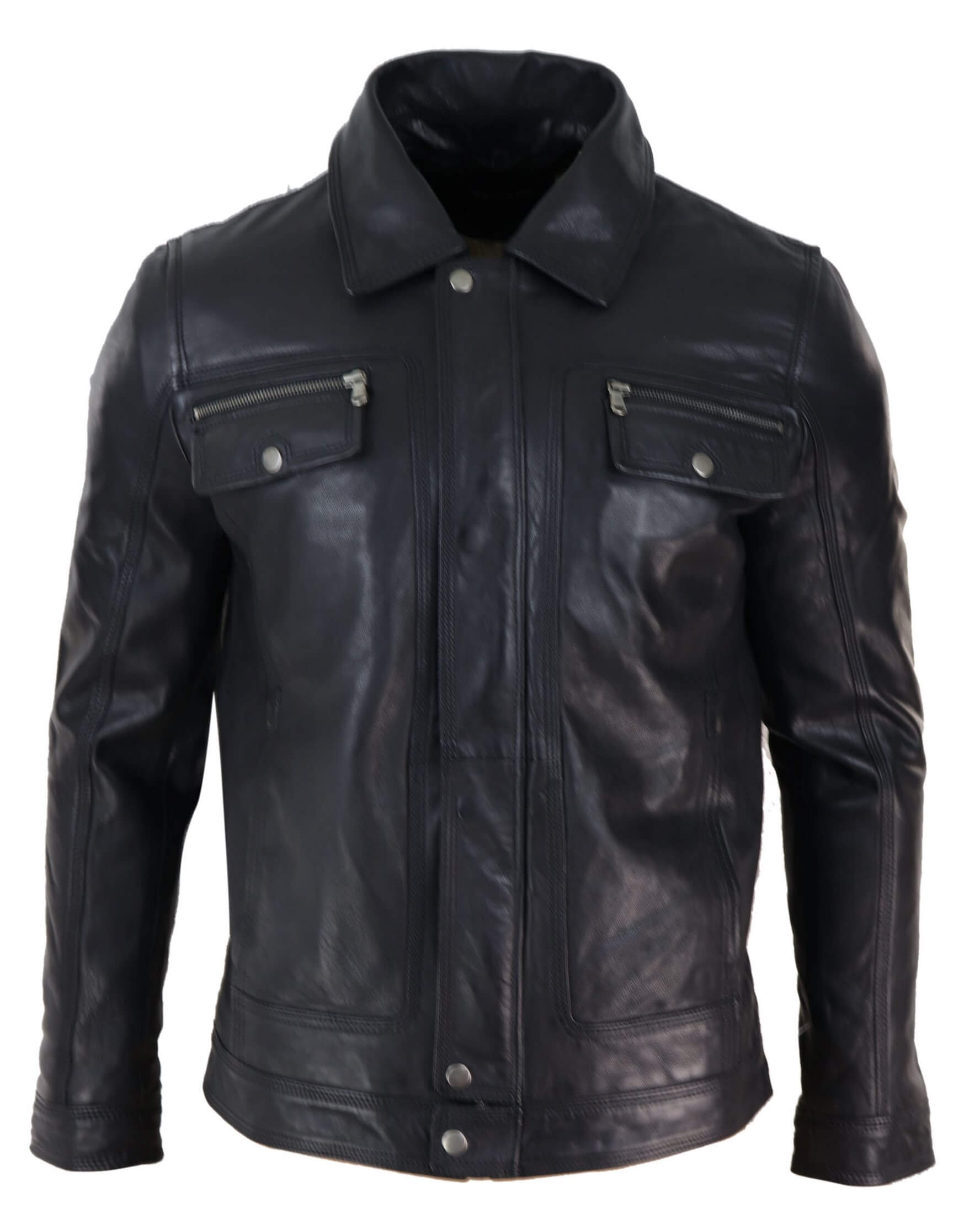 Mens Black brown Real Leather Jacket Sheepskin Collar Short Zip Button ...