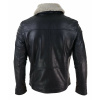 Mens Black brown Real Leather Jacket Sheepskin Collar Short Zip Button - Black