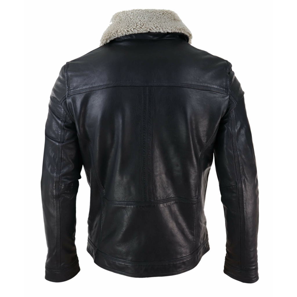 Mens Black brown Real Leather Jacket Sheepskin Collar Short Zip Button ...