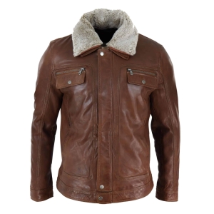Mens Black brown Real Leather Jacket Sheepskin Collar Short Zip Button – Timber