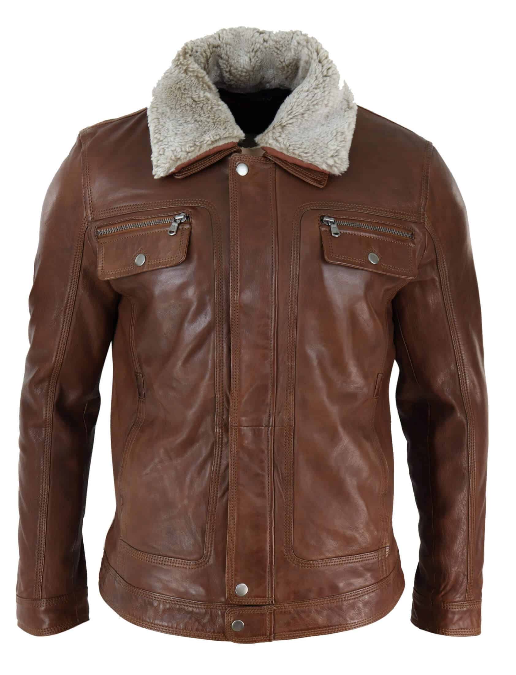 Mens Black brown Real Leather Jacket Sheepskin Collar Short Zip Button - Timber