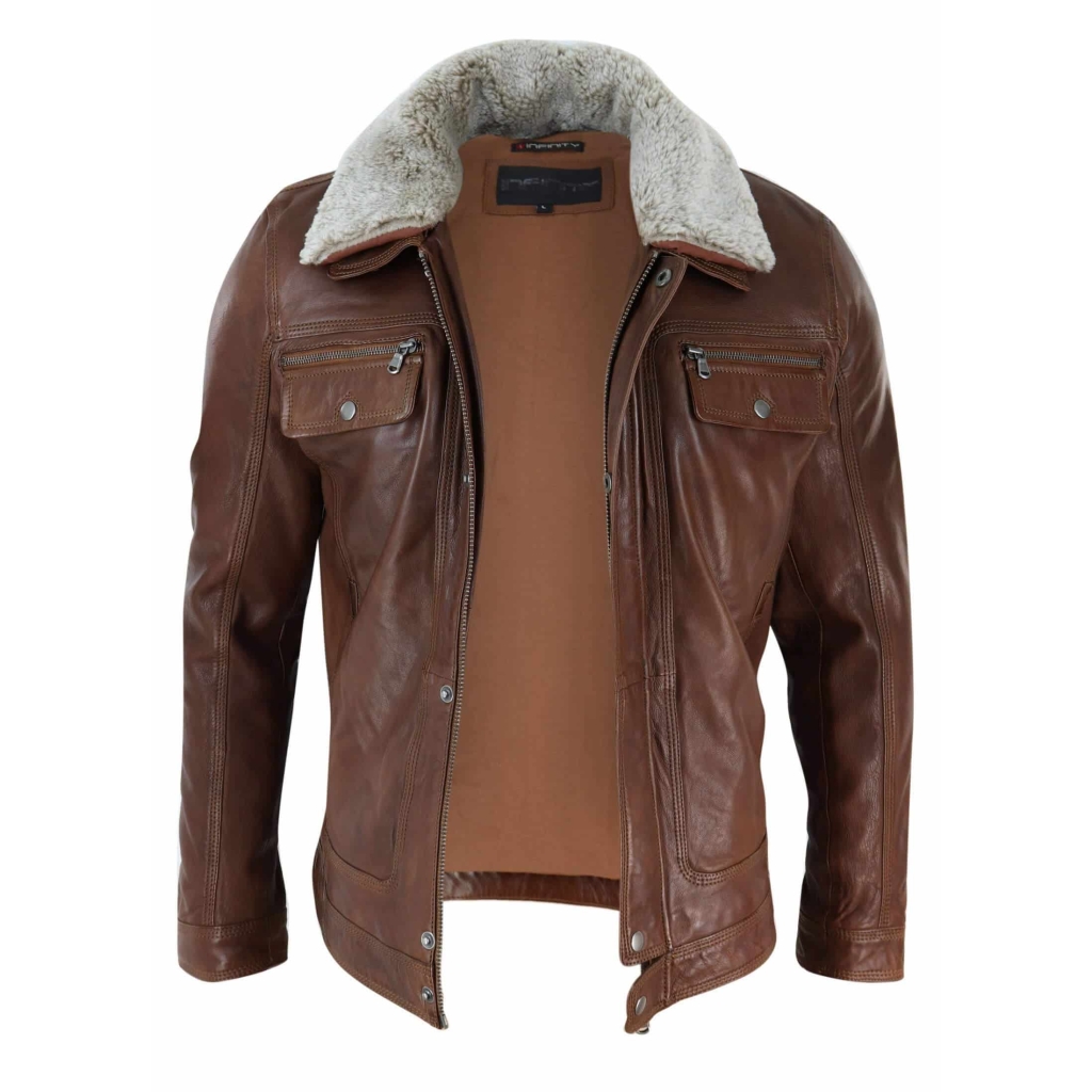 Mens Black brown Real Leather Jacket Sheepskin Collar Short Zip Button ...
