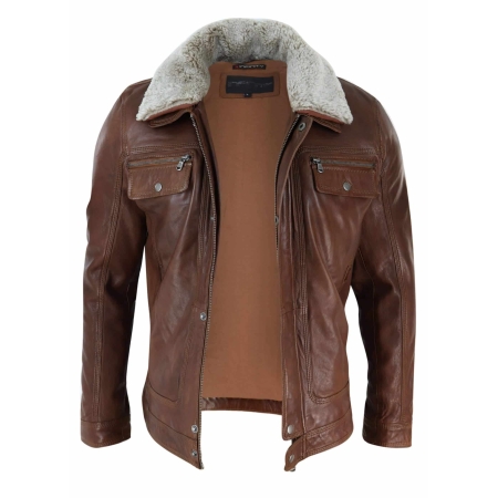 Mens Black brown Real Leather Jacket Sheepskin Collar Short Zip Button ...