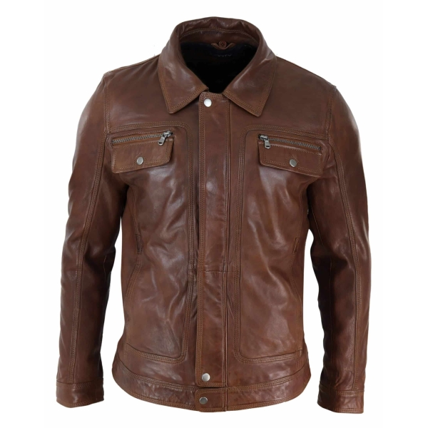 Mens Black brown Real Leather Jacket Sheepskin Collar Short Zip Button - Timber