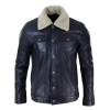 Mens Real Leather Jeans Jacket Fur Collar Retro Vintage Classic Navy Blue Casual