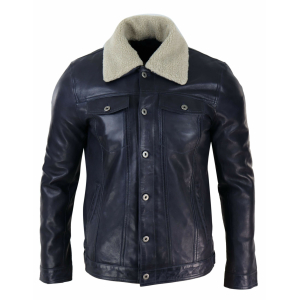 Mens Real Leather Jeans Jacket Fur Collar Retro Vintage Classic Navy Blue Casual