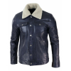 Mens Real Leather Jeans Jacket Fur Collar Retro Vintage Classic Navy Blue Casual