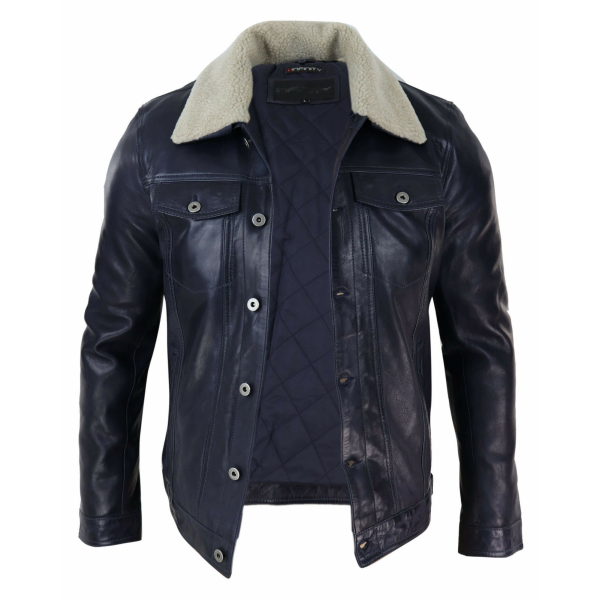 Mens Real Leather Jeans Jacket Fur Collar Retro Vintage Classic Navy Blue Casual
