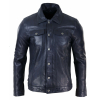 Mens Real Leather Jeans Jacket Fur Collar Retro Vintage Classic Navy Blue Casual