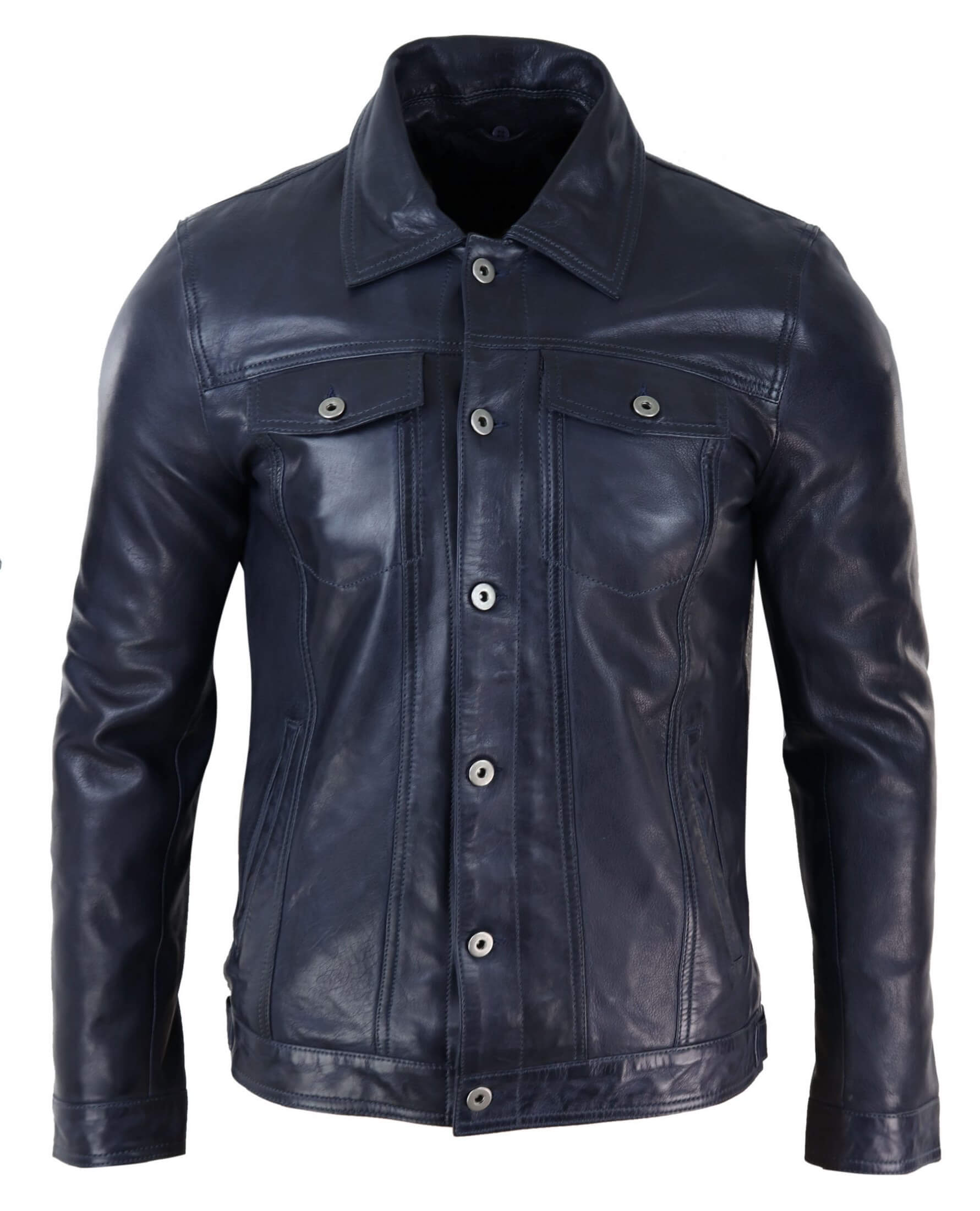 Mens Real Leather Jeans Jacket Fur Collar Retro Vintage Classic Navy ...