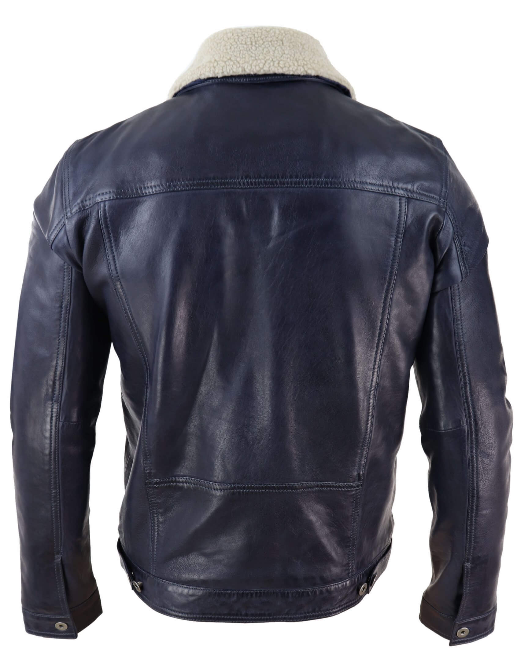 Mens Real Leather Jeans Jacket Fur Collar Retro Vintage Classic Navy ...