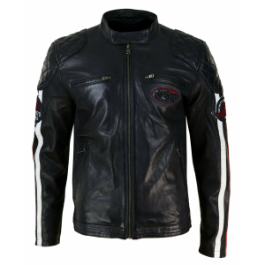 Real Leather Black Navy Brown Mens Racing Jacket Stripe Sleeves Moto Biker – Black