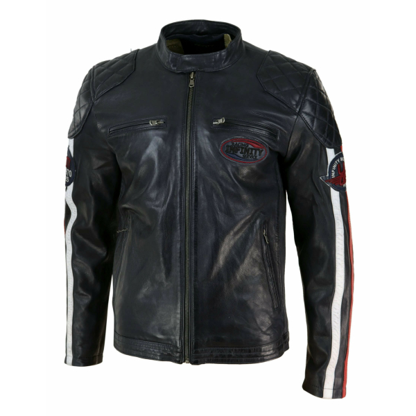 Real Leather Black Navy Brown Mens Racing Jacket Stripe Sleeves Moto Biker - Black