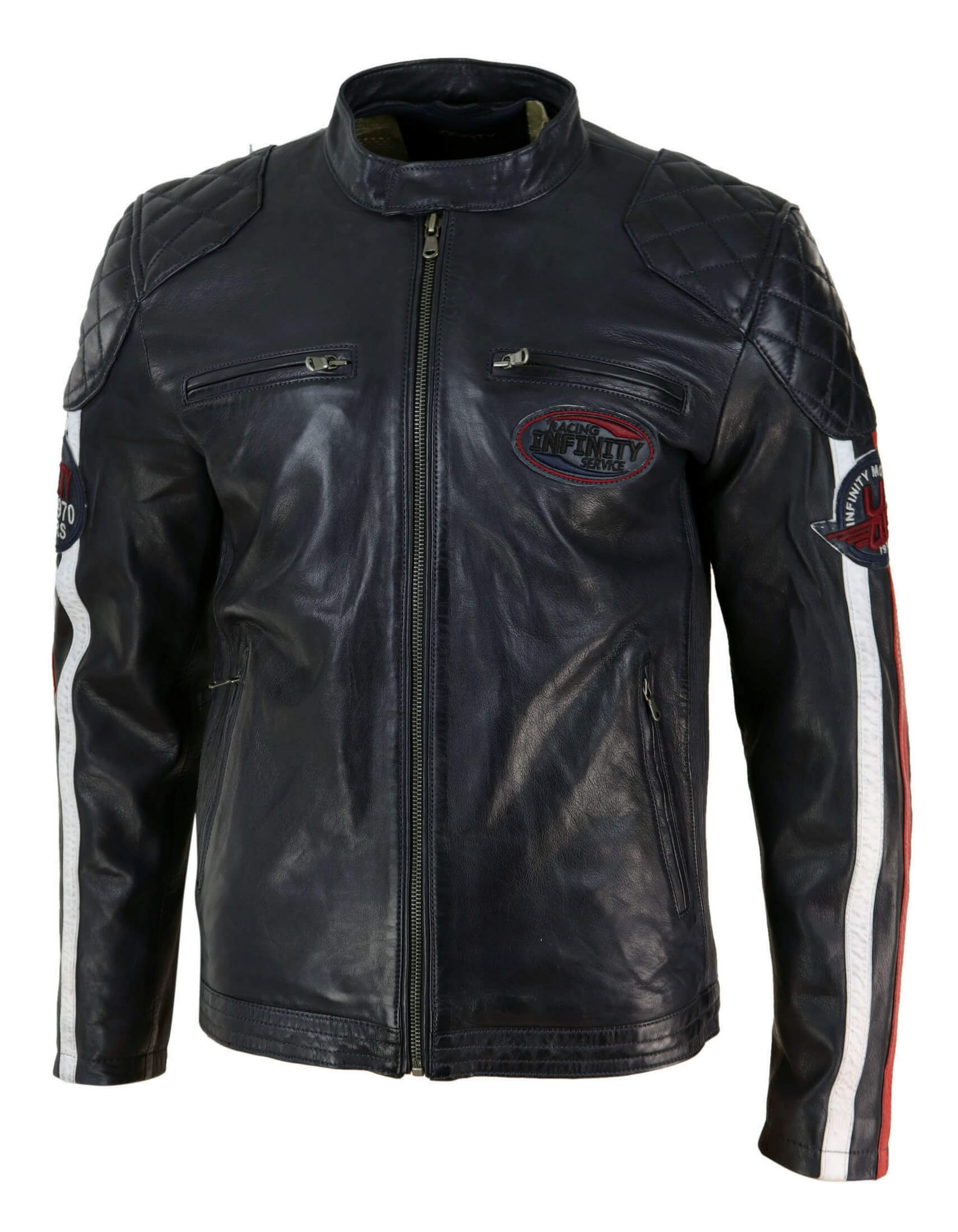 Real Leather Black Navy Brown Mens Racing Jacket Stripe Sleeves Moto ...