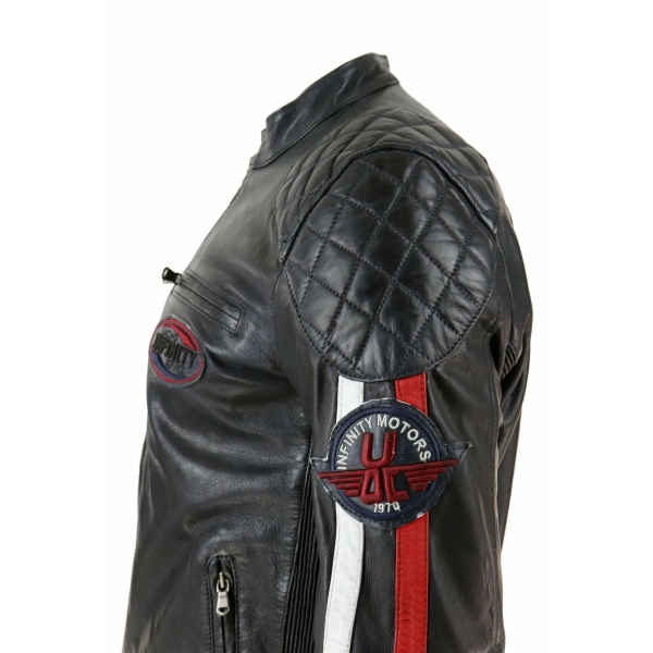 Real Leather Black Navy Brown Mens Racing Jacket Stripe Sleeves Moto Biker - Black