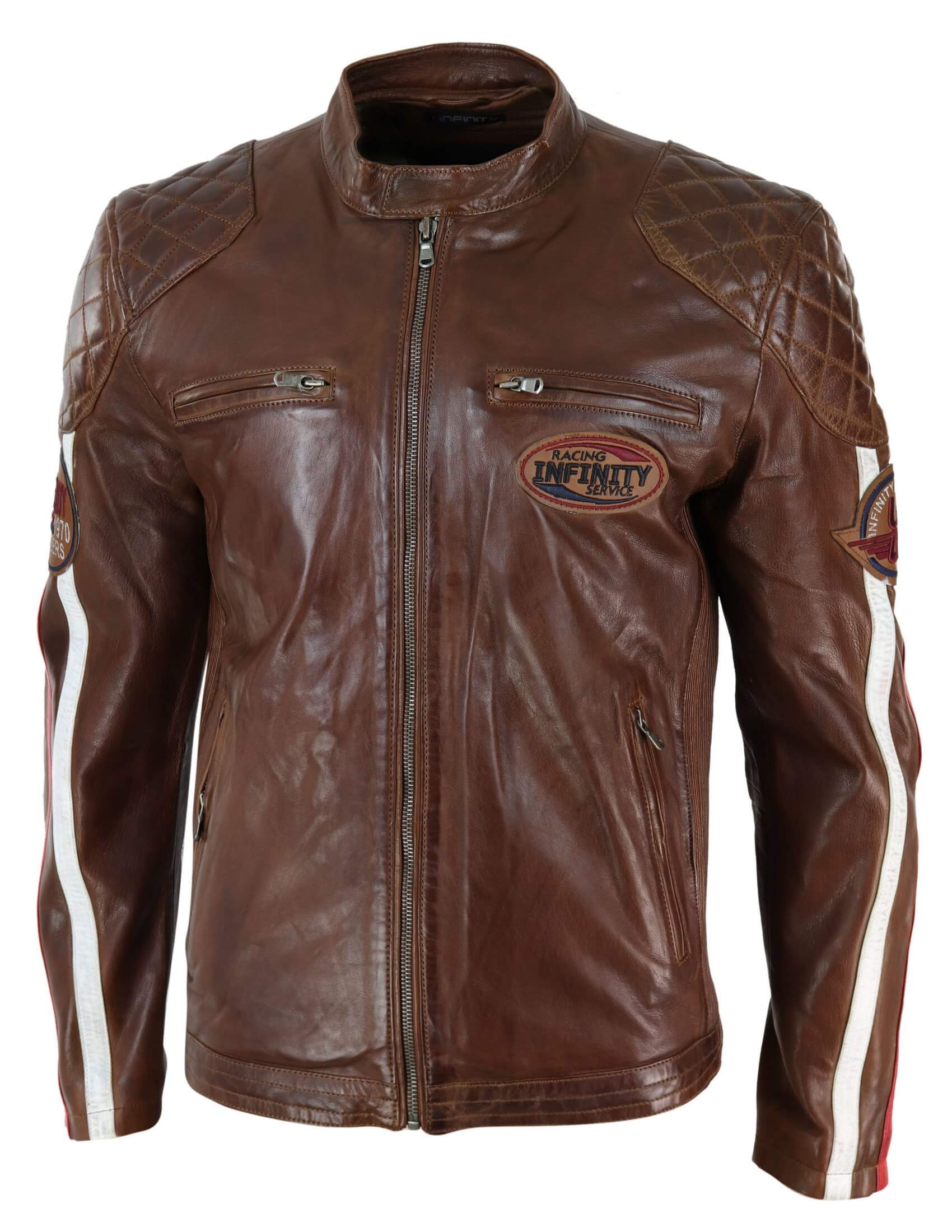 Real Leather Black Navy Brown Mens Racing Jacket Stripe Sleeves Moto ...