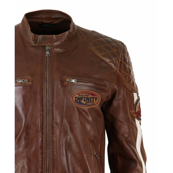 Real Leather Black Navy Brown Mens Racing Jacket Stripe Sleeves Moto Biker - Timber